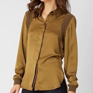Adrienne Landau Quartz Womens Size 6 Button Down Beaded Blouse Ribbed Detail NEW